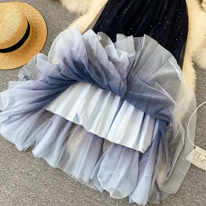 Women'S Fairy Tulle Skirt Starry Sky Gradient Color Mesh Skirt High Waist A Line Pleated Skirt Sequin Skirt Vestidos Para Mujer