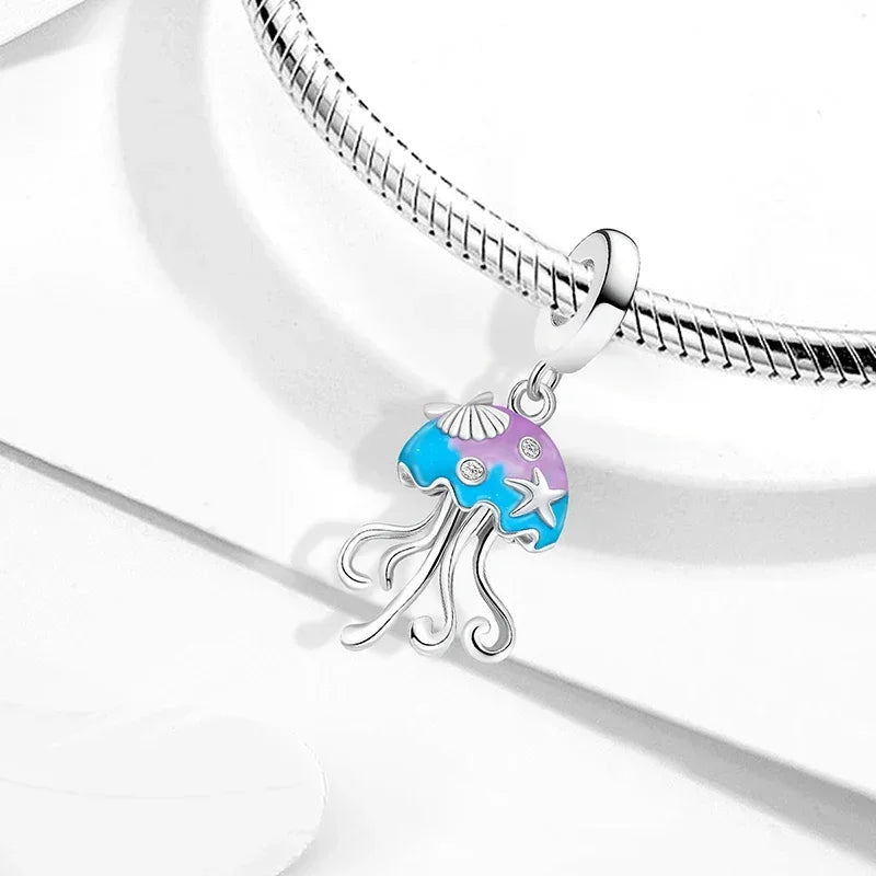 925 Sterling Silver Jellyfish Seahorse Blue Ocean Series Charms Beads Fit Diy Bracelet Making Gift of Fine Jewelry for Womens