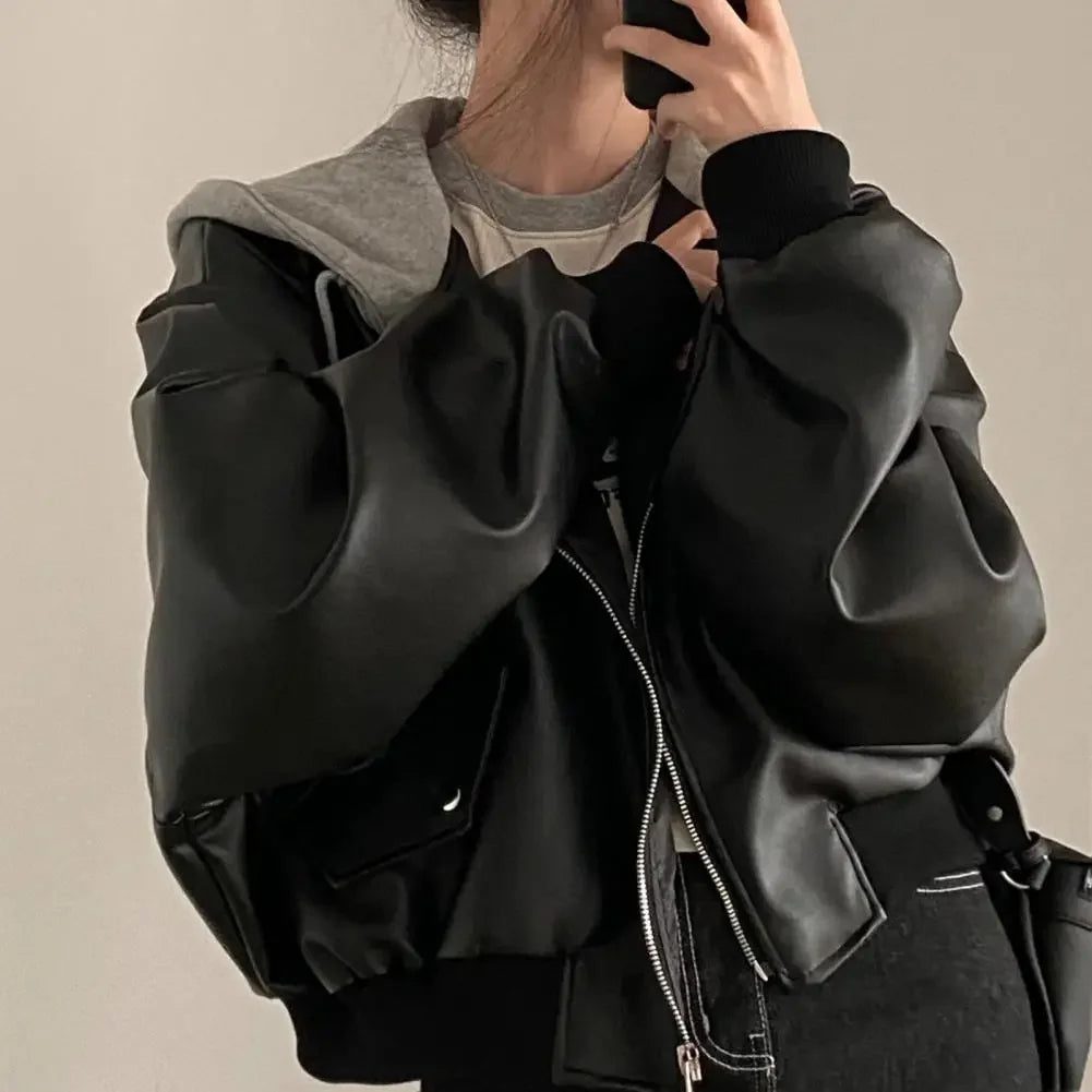 EtherealBe women's faux leather hooded jacket with stylish design and comfortable fit