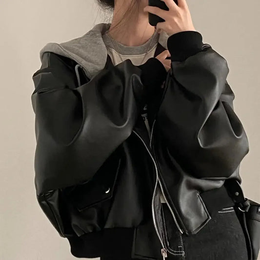 EtherealBe women's faux leather hooded jacket with stylish design and comfortable fit