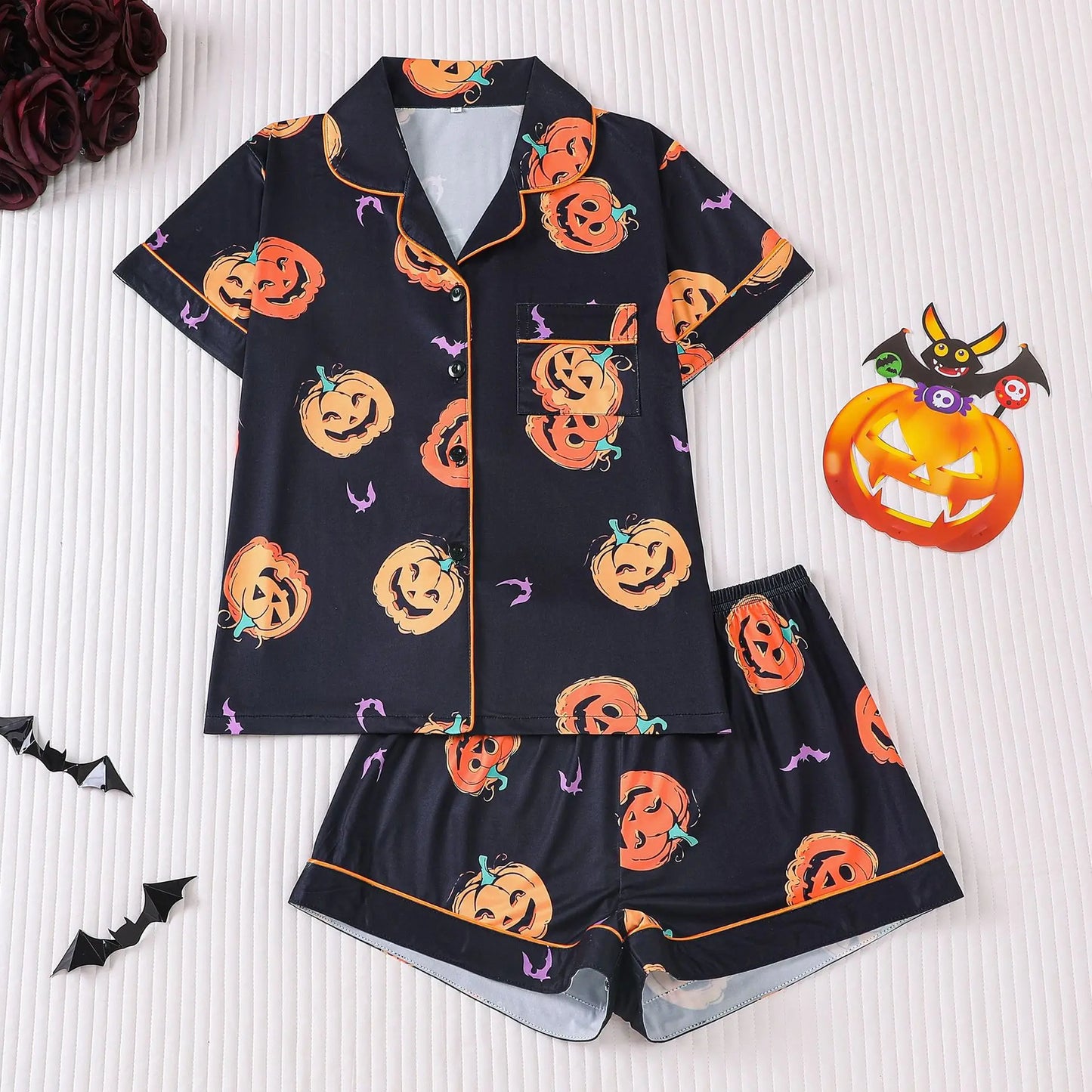 Women Halloween Pajama Set, Pumpkin Print Short Sleeve Button Closure Top with Shorts Sleepwear Loungewear