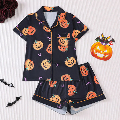 Women Halloween Pajama Set, Pumpkin Print Short Sleeve Button Closure Top with Shorts Sleepwear Loungewear