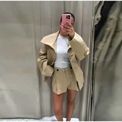 Belted Waist Cropped Trench Double Breasted Stand Collar 2025 Autumn Chic Elegant Women Coat Casual Vintage Office Lady Jacket
