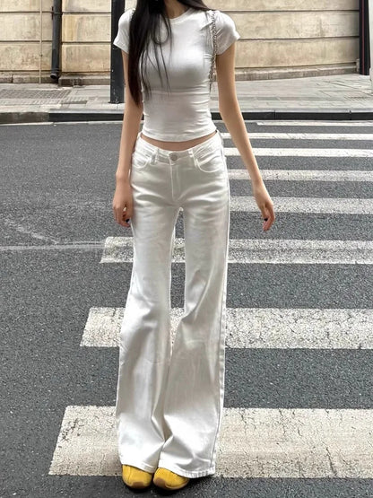 Fashionable White Low Waist Slightly Flared Jeans for Women, Fashionable and Versatile Casual Loose Wide-leg Bell-flop Pants