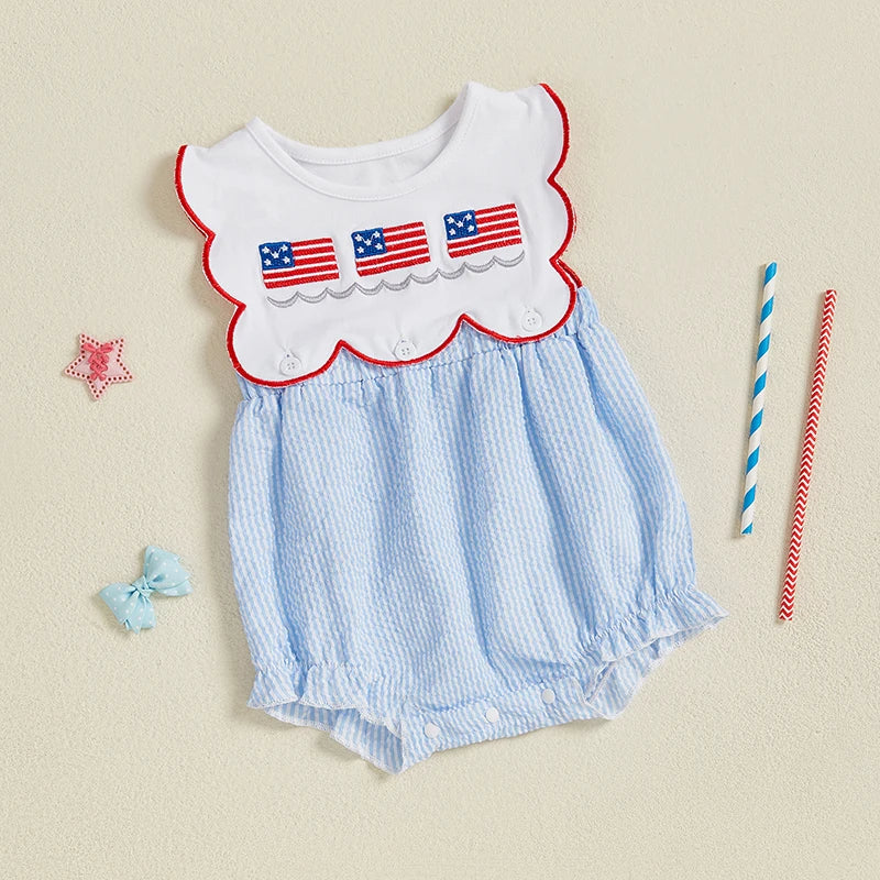 Toddler Girls Patriotic Sleeveless Romper with American Flag Embroidery and Striped Design for Independence Day