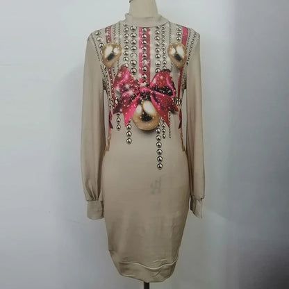 Vintage Christmas Printing Party Dress For Women Autumn Fashion Half High Collar Lantern Long Sleeve Dress Lady Bodycon Vestidos