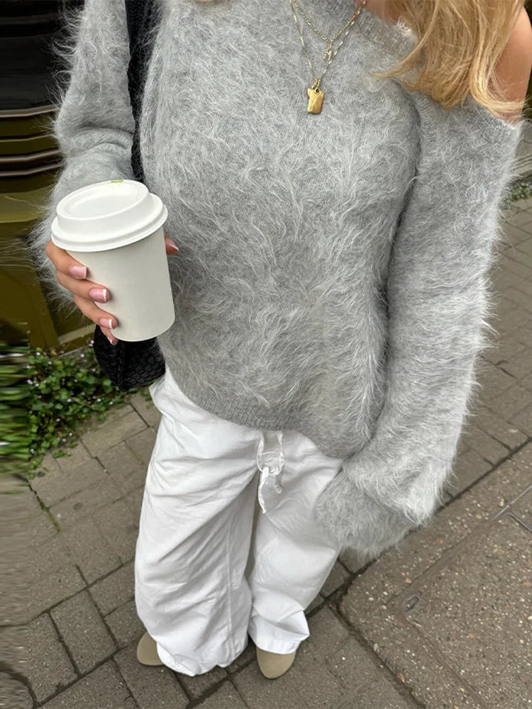 Fluffy Mohair Off Shoulder Cropped Sweater Oversize Slouchy Long Sleeve 2025 Autumn Cozy Women Knit Top Trendy Sweet Lady Jumper