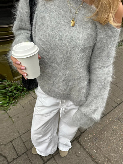 Fluffy Mohair Off Shoulder Cropped Sweater Oversize Slouchy Long Sleeve 2025 Autumn Cozy Women Knit Top Trendy Sweet Lady Jumper