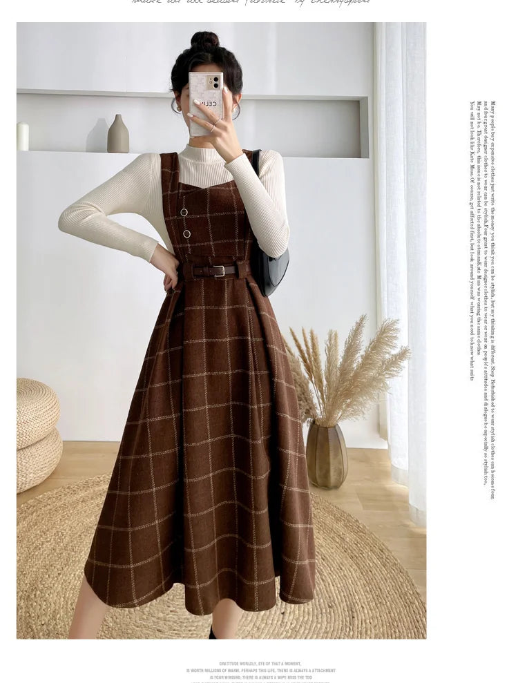 High Quality Fall Winter Women Sweater Overalls Dress Sets Casual Knitted Tops +Plaid Woolen Dress 2 Piece Sets Outfits Female