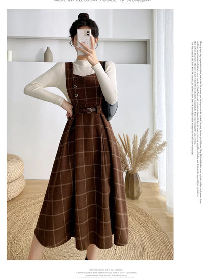 High Quality Fall Winter Women Sweater Overalls Dress Sets Casual Knitted Tops +Plaid Woolen Dress 2 Piece Sets Outfits Female