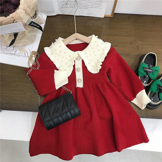 Kids Merry Christmas Pearl Beading Peter Pan Collar Long Knitted Sleeve Outfit