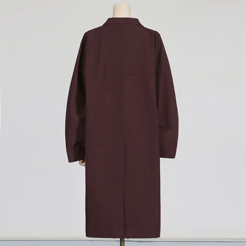 Back view of EtherealBe simple style long sleeve trench coat in deep burgundy color