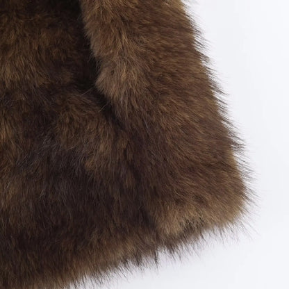 HH Winter Woman Elegant Casual Warm Coat Women Lapel Buttons Pocket Long Sleeves Outwear Reversible Faux Fur Effect Jacket