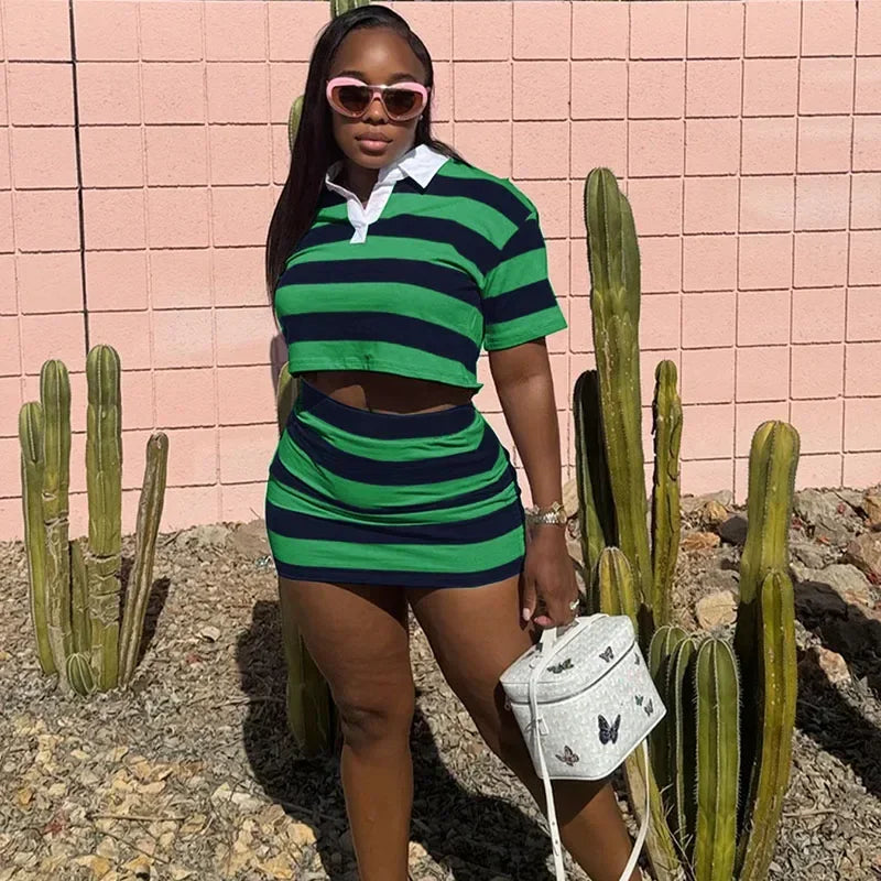 Sporty Fitness Striped Print 2 Pieces Set for Woman Streetwear Casual Turn-down Collar Shirt Crop Top and Mini Skirt Sets Summer