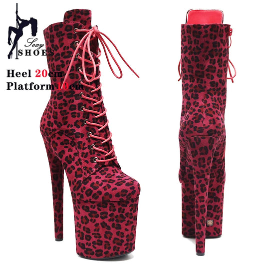 Sexy Fetish Leopard 20cm/8Inch Women's high-heeled Ankle Boots Lace-up Zip Platform Suede Pole Dance Shoes Large Size 44 WESTERN