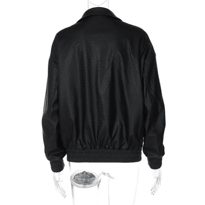 Dulzura 2025 Autumn Fashion Casual Turn-Down Collar Long Sleeve Zipper Slim Woven Leather Jacket Party Club Street Style Clothes