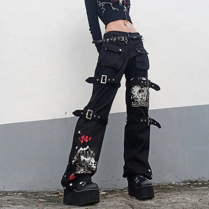 Women'S Trousers Low-Rise Gothic Jeans Street Washed Print Style Cool Loop Pants Retro Hip Hop Wide-Leg Pants Harajuku Fashion