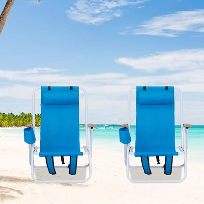 Foldable Reclining Beach Chair 2 Pack, Portable Camping Chairs with Straps,Backpack Beach Chairs for Adults with Headrest, Cup H