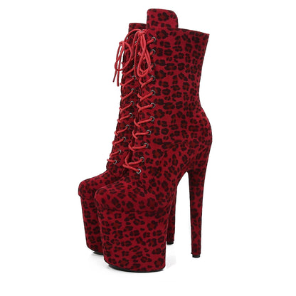 Sexy Fetish Leopard 20cm/8Inch Women's high-heeled Ankle Boots Lace-up Zip Platform Suede Pole Dance Shoes Large Size 44 WESTERN