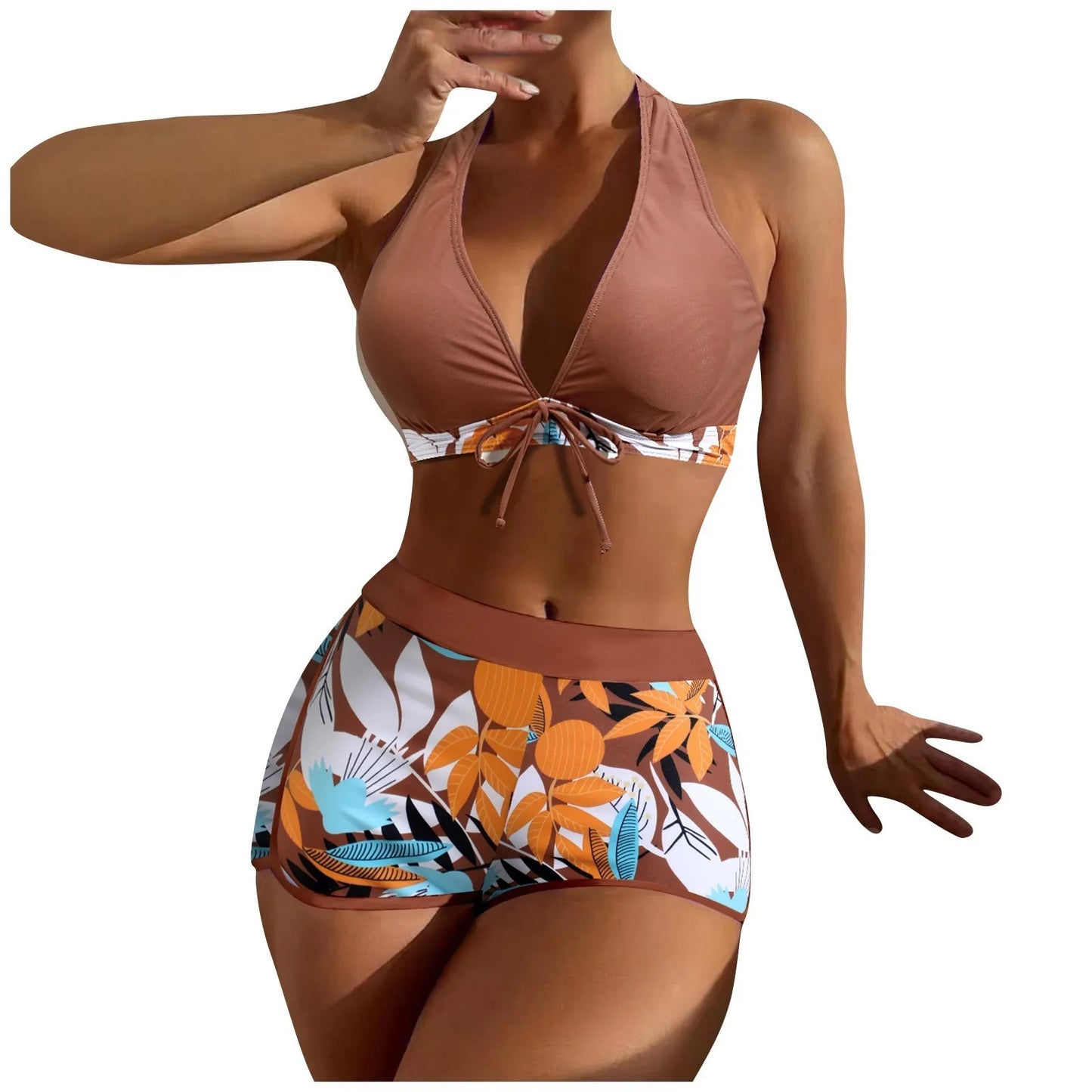 Women's Paneled Printed Swimsuit Ladies Fashion Sexy Split Boxer High Waist Swimsuit Two-Piece Set V-Neck Bathing Suits Female