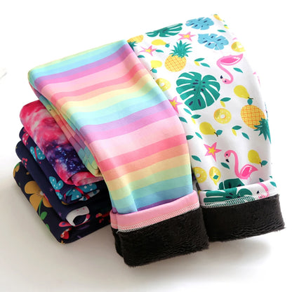 Girls Warm Plush Long Pants for Autumn Spring Cartoon Butterfly Striped Soft Cozy Leggings Fleece-Lined Bottoms Kids Casual Wear