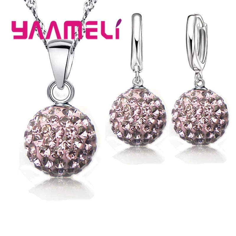 925 Sterling Silver Stamped Bridal Jewelry Sets Women Girls Wedding Gifts Austrian Crystal CZ Disco Ball Necklace Hoop Earrings
