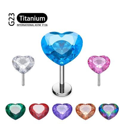 ASTM F136 Titanium 18G/16G Threadless Push Pin Labret Stud CZ Heart Cartilage Earring Helix Tragus Nose Stud Piercing