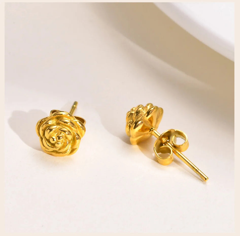 Exquisite Rose Flower Stud Earring, Stainless Steel Gold Color Petal Earrings, Trendy Women Christmas Gift