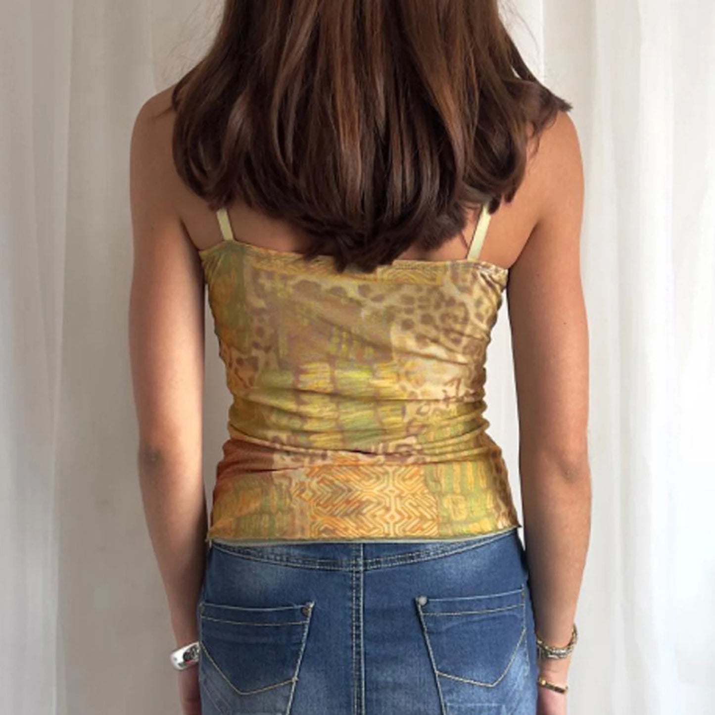 Y2K Vintage Women's Sleeveless Cami Tops Spaghetti Strap Abstract Print Ribbon Tie-up Front Camisole Tank Tops Summer Clothes