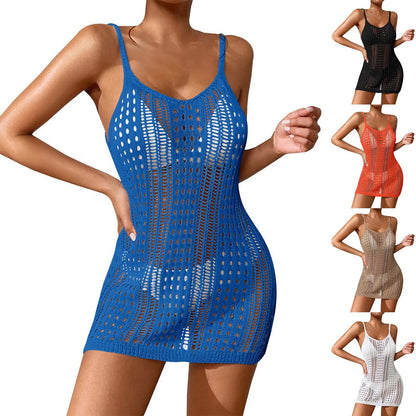Women'S Sexy Sheer Knit Textured Crochet Overlay Spaghetti Strap Short Dress Beach Cover Women S Swim Cover Ups Halter Cover Up