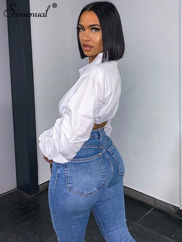 Simenual Button Ruched White Puff Sleeve Blouse Shirts Women Long Sleeved Fashion Fall 2021 Clothing Crop Blouses Solid Baddie