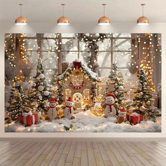 Christmas background with pine trees, gifts, deer, suitable for replacing cookies, candy theme family Christmas party decoration