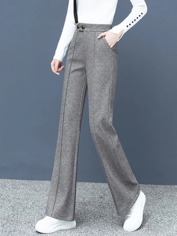 Herringbone Woolen Cloth Wide Leg Pants Women Autumn and Winter 2023 High Waist Pants Vintage Slim Elastic Waist Woman Trousers