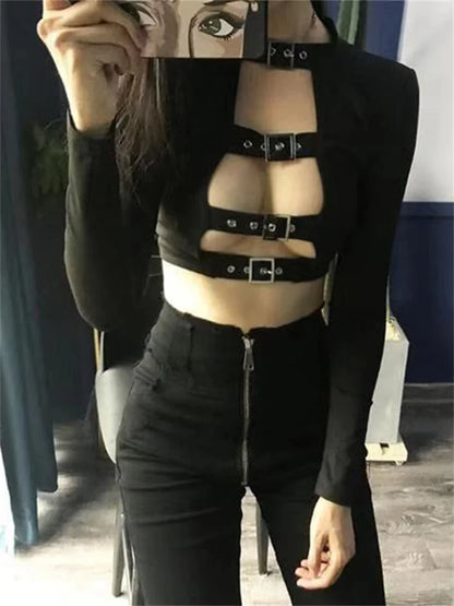 Yangelo Goth Sexy Hollow Out Crop Top Long Sleeve Aesthetic Tees Y2K Punk Grunge Black T Shirts Women Streetwear Top