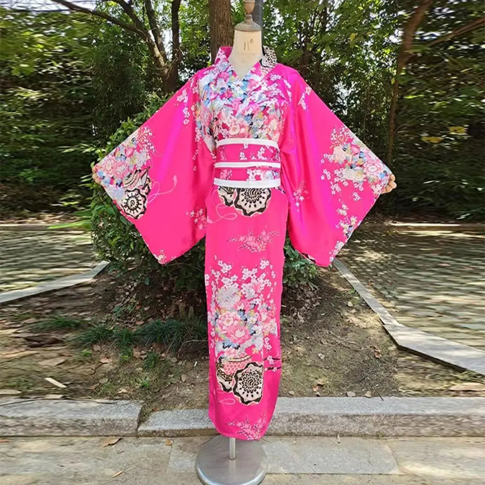 Cosplay Costume Traditional Japanese Kimono Japanese Style Printed Floral Sakura Girl Kimono Dress Elegance Asian