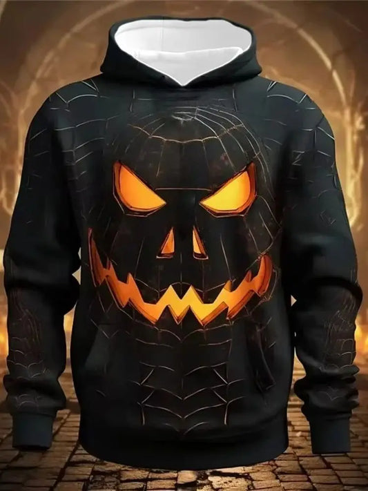 EtherealBe Halloween pumpkin hoodie for men with a glowing jack-o-lantern design