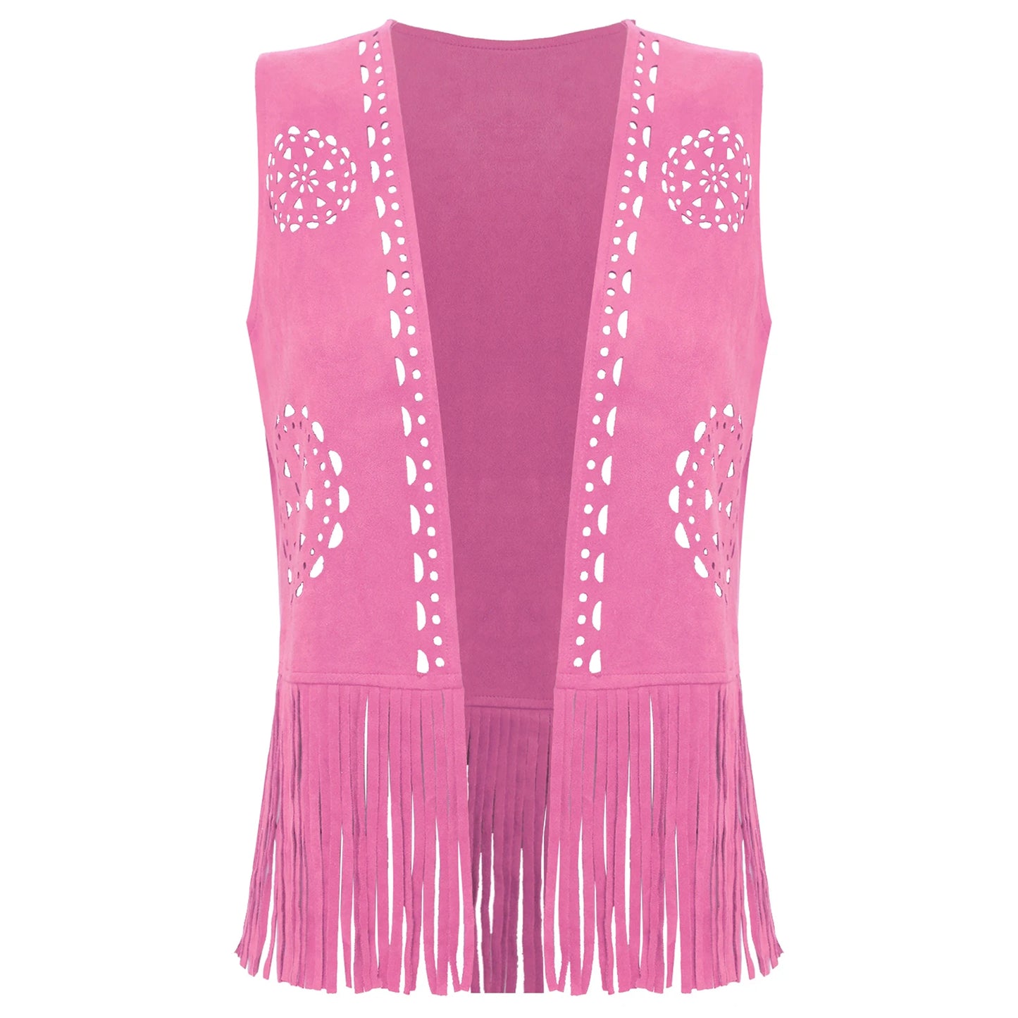 Womens Western Cowgirl Hippy Cosplay Costume Vintage Hollow Out Tassel Tank Tops Fringe Vest 70s Disco Faux Suede Waistcoat