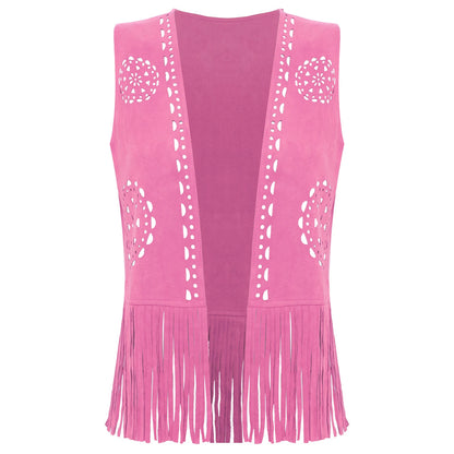 Womens Western Cowgirl Hippy Cosplay Costume Vintage Hollow Out Tassel Tank Tops Fringe Vest 70s Disco Faux Suede Waistcoat