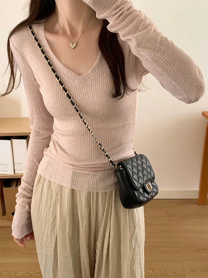 Autumn Sexy Classic V-neck Knitted Female T-shirts New Elastic Fashion Slim Simple Casual Pure Color Long Sleeves Women T-shirts