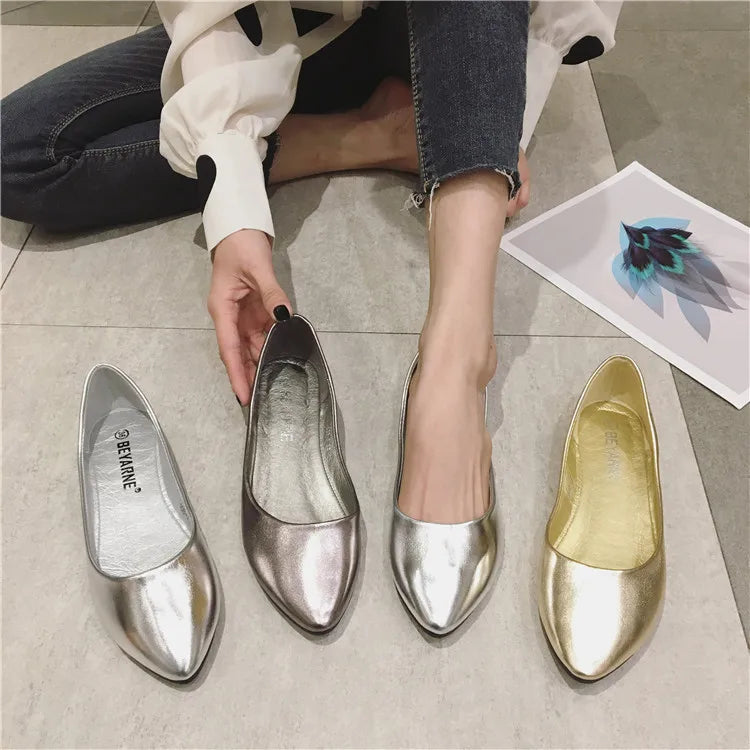 New Women's Shoes Bright Surface Soft Leather Comfortable Flat Shoes Pointed Solid Color Shallow Mouth Single Shoe Zapatos Mujer