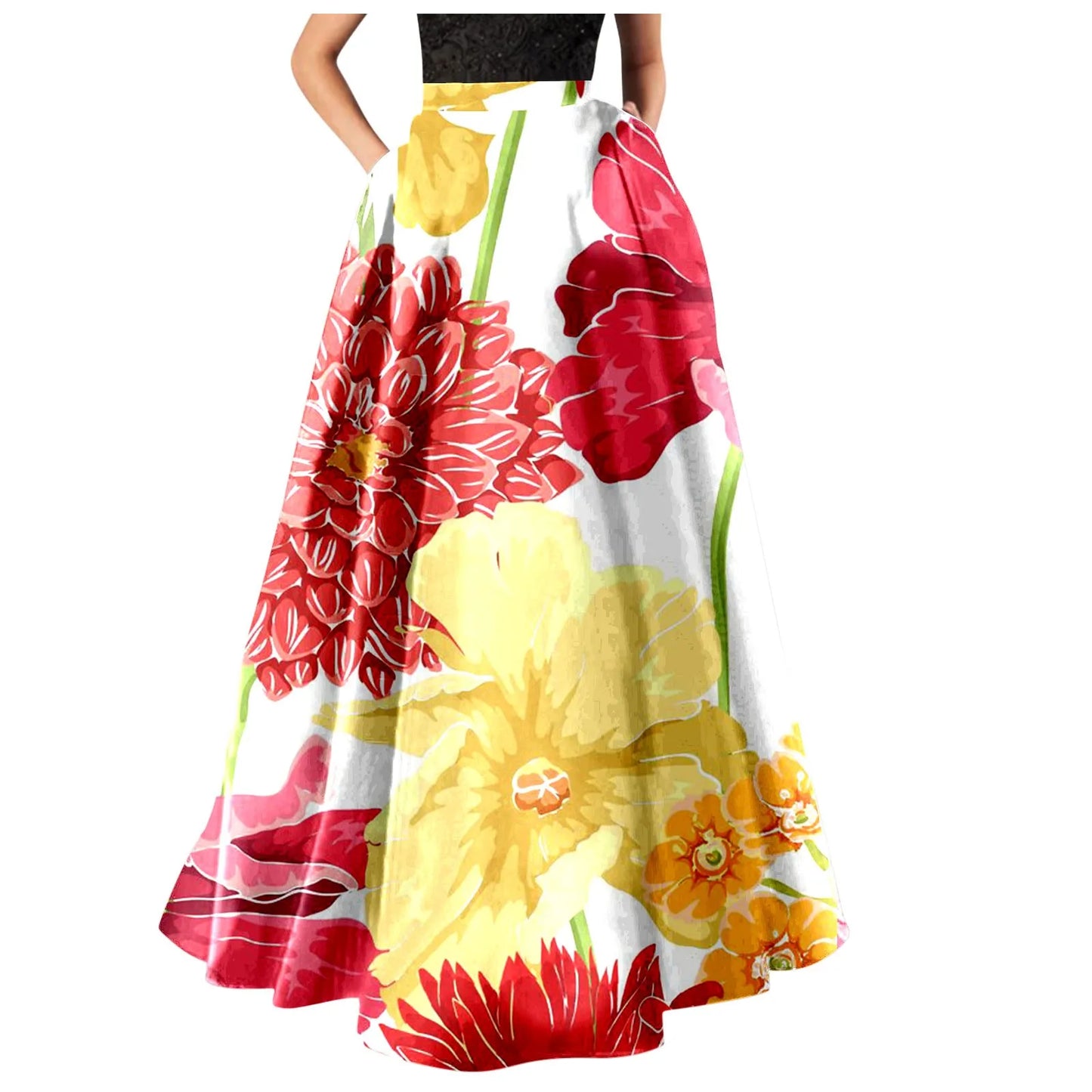 Korean Elegant Bohemian Skirts For Women 2024 Floral Print Maxi Skirt High Waist Pocket Party Beach Long Skirt Ropa De Mujer