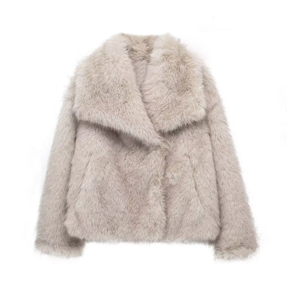 HH Winter Women Elegant Warm Plush Coat Turn-Down Collar Thick Cardigan Coat Female Pocket Long Sleeve Short Outerwear Mujer