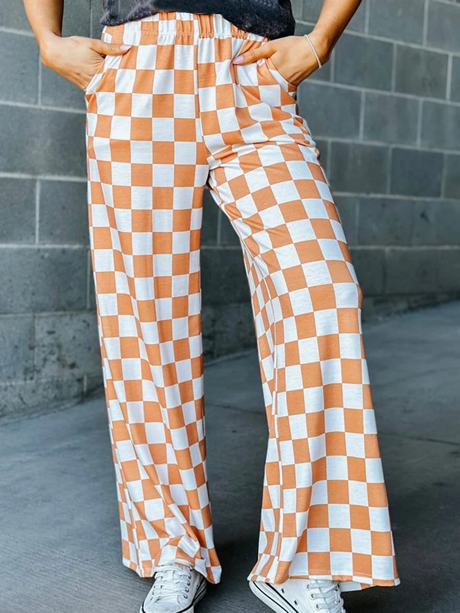 Womens Checkered Wide Leg Pants High Elastic Waisted Straight Loose Fitted LoungeTrouser Y2k Korean Streetwear