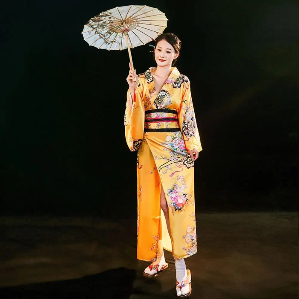 Cosplay Costume Traditional Japanese Kimono Japanese Style Printed Floral Sakura Girl Kimono Dress Elegance Asian