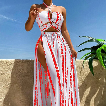 3 Pieces Swimsuit Women Tie Dye Print Swimwear Sexy Halter Bandage Bikini Set&Side Split Dress Cover-Up Beachwear Bathing Suits