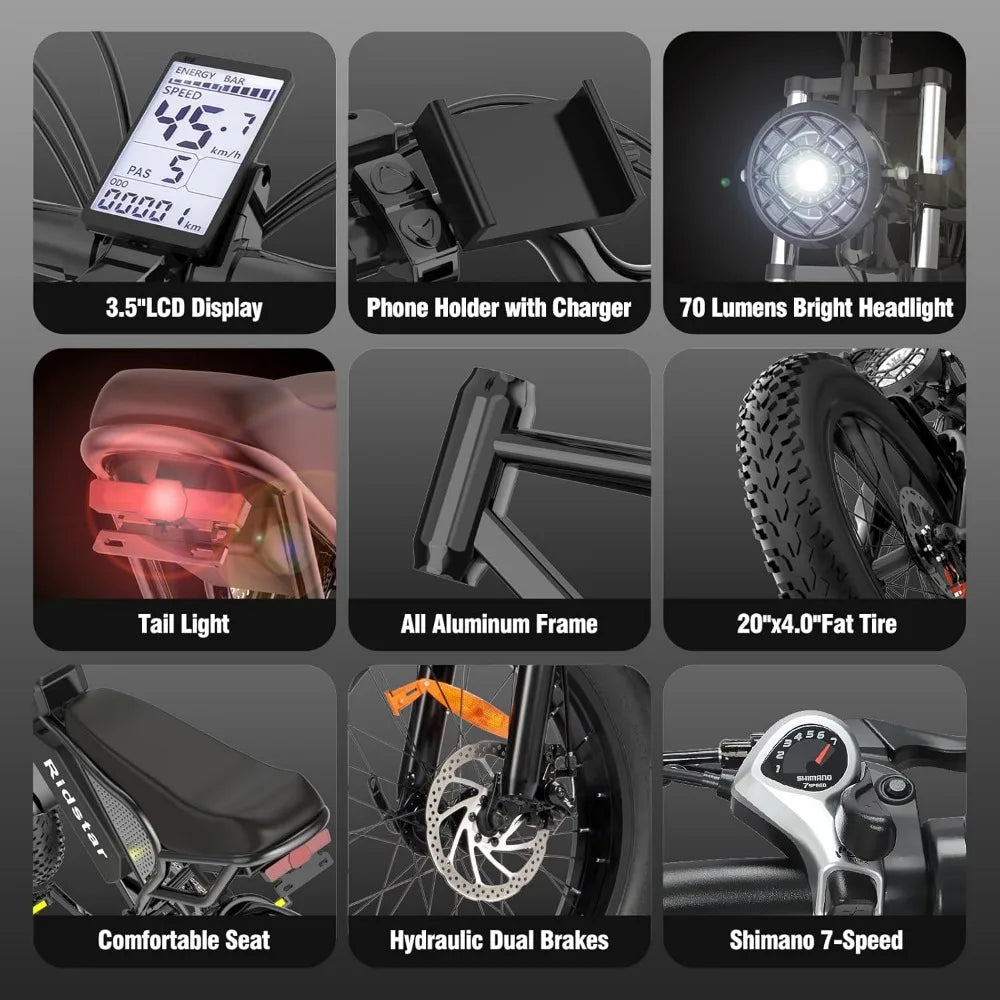 Electric Bike for Adults Q20，2000/1500W，37/30MPH,52V 40AH,48V/20AH E-Bike,30-180 Miles Electric Motorcycle，20"Fat Tire Dirt Bike