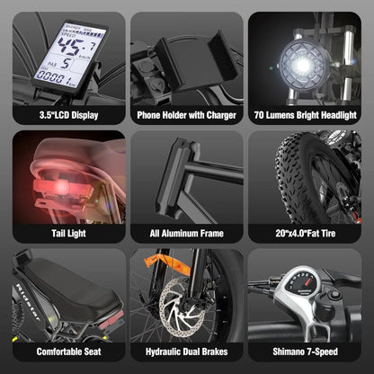 Electric Bike for Adults Q20，2000/1500W，37/30MPH,52V 40AH,48V/20AH E-Bike,30-180 Miles Electric Motorcycle，20"Fat Tire Dirt Bike