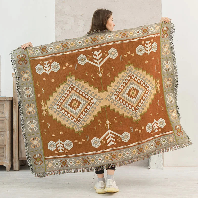 Retro Indian Style Thread Blanket Countryside Geometry Sofa Cobertor Hanging Tapestry Cotton Knitted Sofa Blanket for Bed Travel
