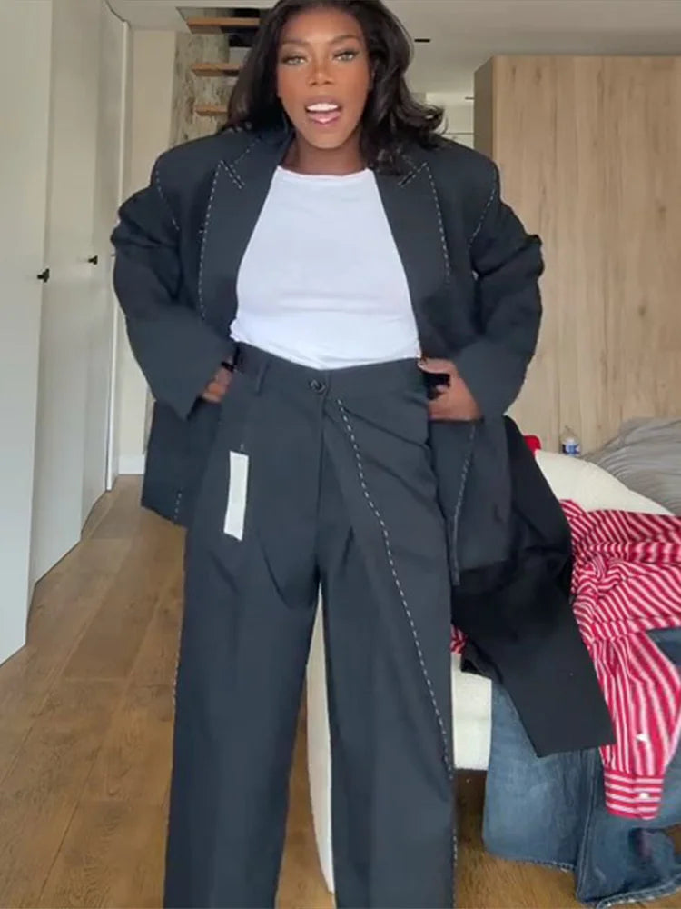 Casual Loose Women's Blazer Pant Suits Lapel Doube-Breasted Top Straight Pants Lady Set 2025 Autumn New 2 Pieces Set Women