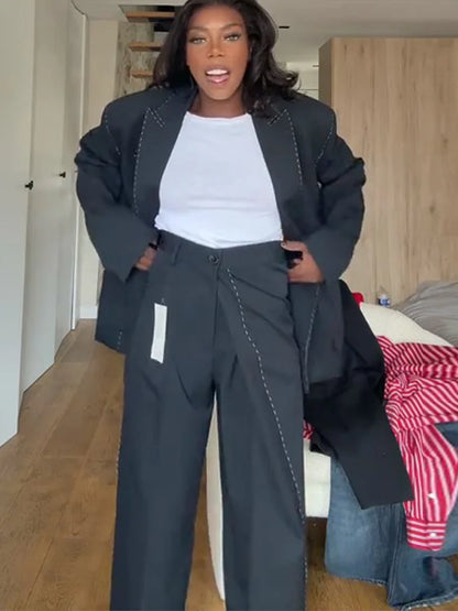 Casual Loose Women's Blazer Pant Suits Lapel Doube-Breasted Top Straight Pants Lady Set 2025 Autumn New 2 Pieces Set Women